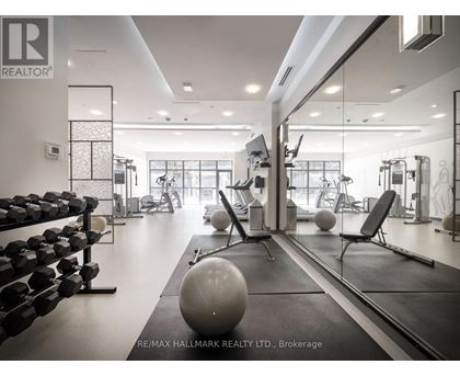 A gym with a variety of equipment including dumbbells, weights, and exercise balls.