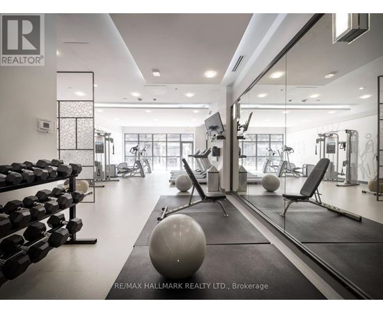 A gym with a mirror, weights, and exercise balls.