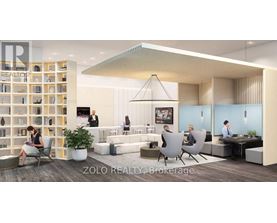 A modern office space with people working and a woman sitting on a chair.