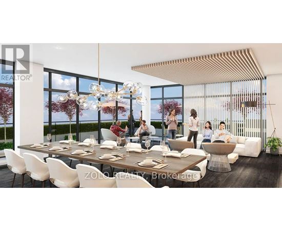 A modern dining room with a large table and chairs, a chandelier, and a view of the outdoors through large windows.
