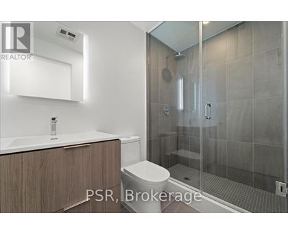 A modern bathroom with a walk-in shower and a toilet.