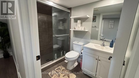 A bathroom with a toilet, sink, and shower.