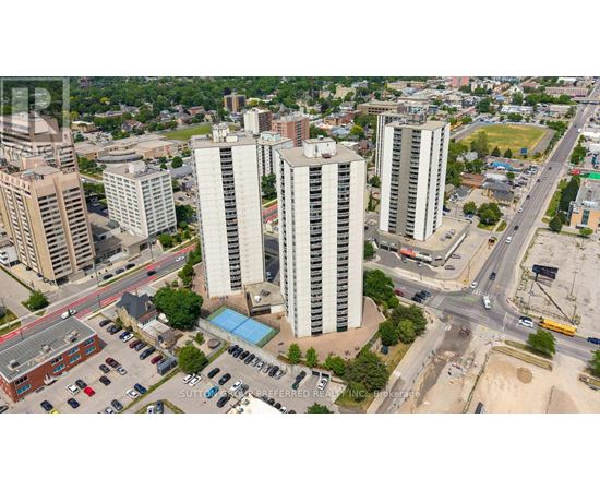 A cityscape with tall buildings and a busy intersection.