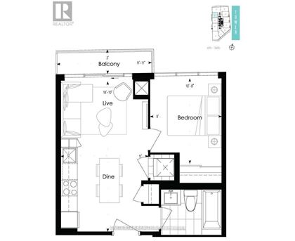 A black and white image of a floor plan for a house with a balcony, living room, dining room, and bedroom.