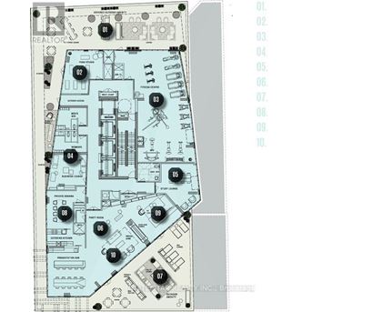A floor plan of a building with numbered rooms and a realtor logo.