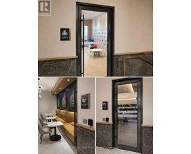A black door with a glass window is the main focus of the image.