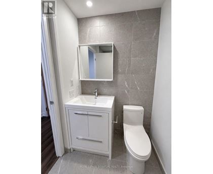 A white toilet sits next to a sink in a bathroom.