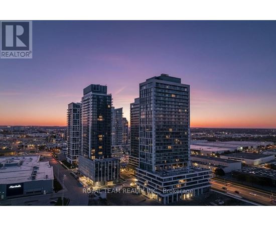A cityscape at dusk with a prominent building in the foreground and a logo in the top left corner.