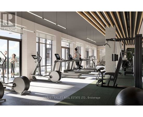 A gym with a variety of equipment including treadmills, weights, and exercise machines.