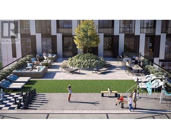 A man is playing chess in a courtyard with a woman and two children watching.