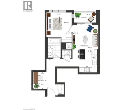 A floor plan of a house with a master suite and a living room.