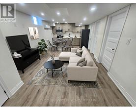 A living room with a black sofa, a white couch, and a rug.