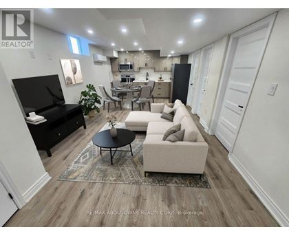 A living room with a black sofa, a white couch, and a rug.