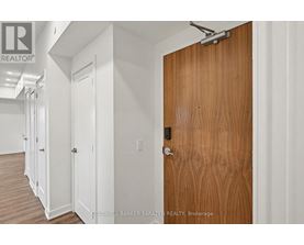 A brown door is in a white hallway.