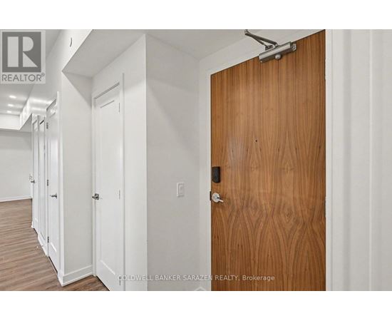 A brown door is in a white hallway.