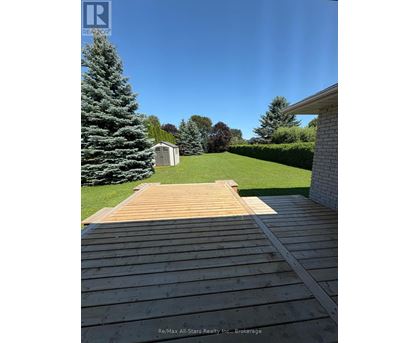 A wooden deck leads to a small building in a grassy yard.