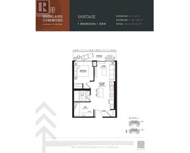 A floor plan for a vantage interior and exterior of a 1 bedroom and den apartment.