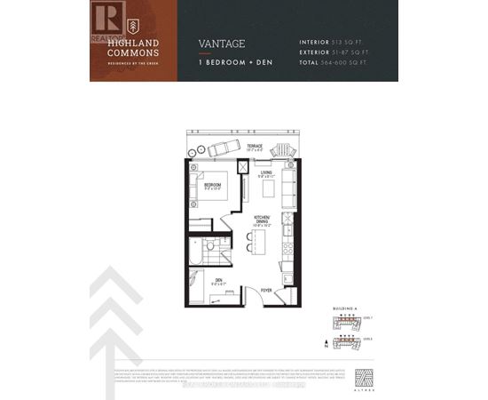 A floor plan for a vantage interior and exterior of a 1 bedroom and den apartment.