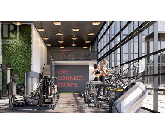 A gym with a green wall and a sign that says "Live. Connect. Escape."