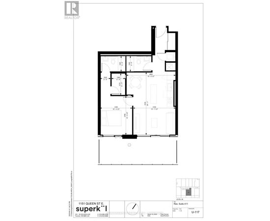 A black and white floor plan for a property located at 1151 Queen St E.