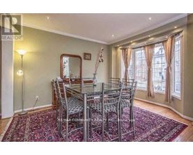 A dining room with a table and chairs.
