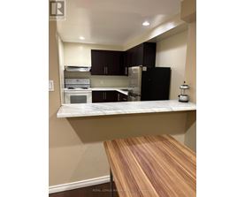A kitchen with a black refrigerator and wooden countertop.