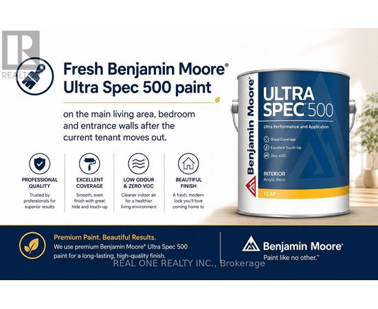An advertisement for Benjamin Moore Ultra Spec 500 paint, highlighting its professional quality and excellent coverage.