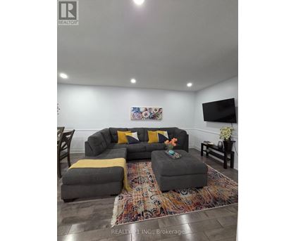 A living room with a grey couch and a rug.