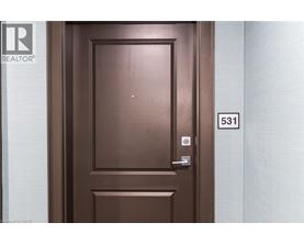 A brown door with a silver handle and a number 531 on the wall.