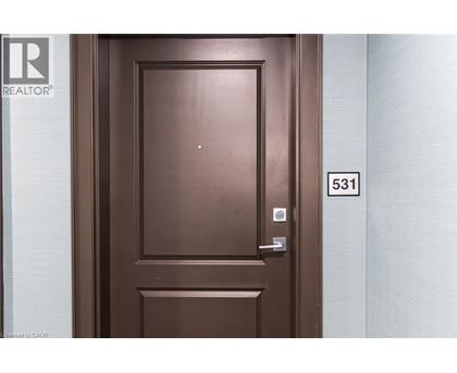 A brown door with a silver handle and a number 531 on the wall.