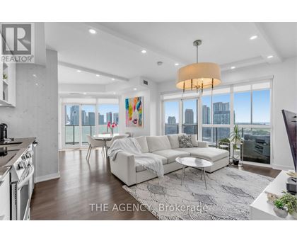A modern living room with a large window overlooking the city.