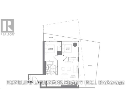 A floor plan for a home with a living room, dining room, kitchen, and two bathrooms.