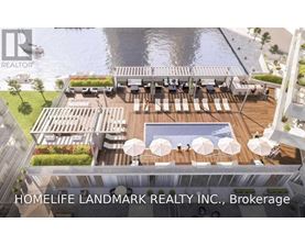 A rendering of a rooftop patio with a pool and lounge chairs.