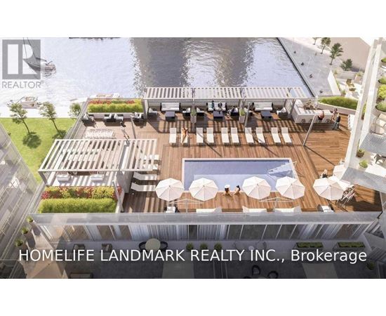 A rendering of a rooftop patio with a pool and lounge chairs.