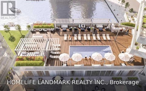 A rendering of a rooftop patio with a pool and lounge chairs.
