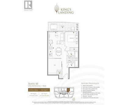 A floor plan for a suite at King's Landing shows a one bedroom apartment with a den.