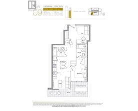 A floor plan of a one bedroom apartment with den and two bathrooms.