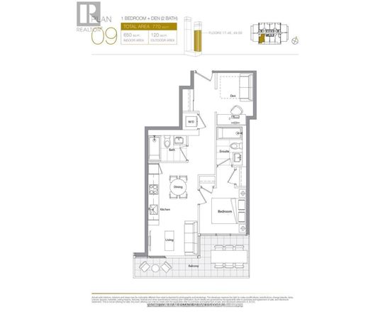 A floor plan of a one bedroom apartment with den and two bathrooms.