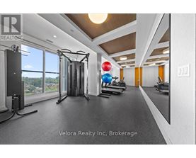 A gym with a view of the outdoors through large windows.