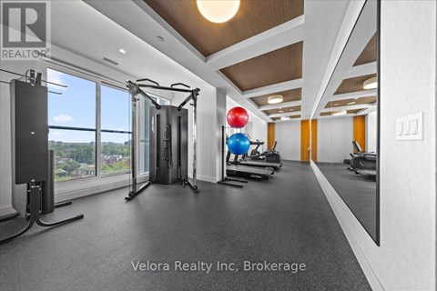 A gym with a view of the outdoors through large windows.
