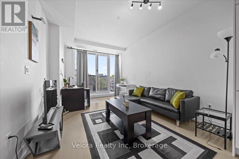 A modern living room with a grey sofa and a black and white rug.