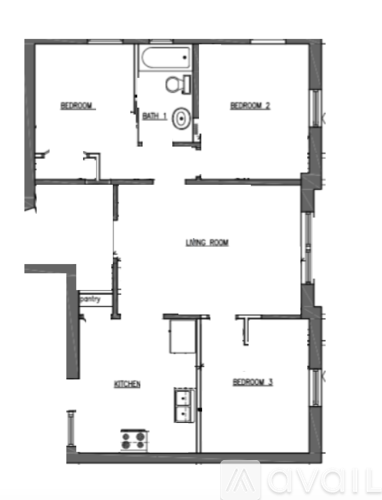 A floor plan of a house with three bedrooms and a living room.