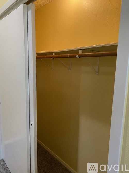 A white closet with a white door and a white shelf.