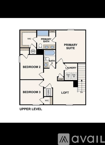 A floor plan of an apartment with three bedrooms, a laundry room, and a loft.