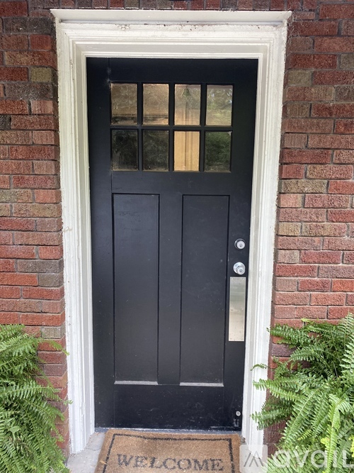 A black door with a glass panel in the middle and a welcome mat in front.