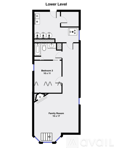 A floor plan of a lower level apartment with a family room and Bedroom 3.