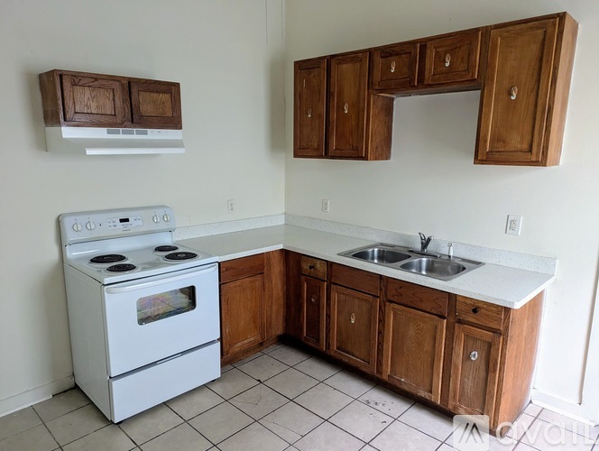 A white stove and sink in a kitchen with wooden cabinets.