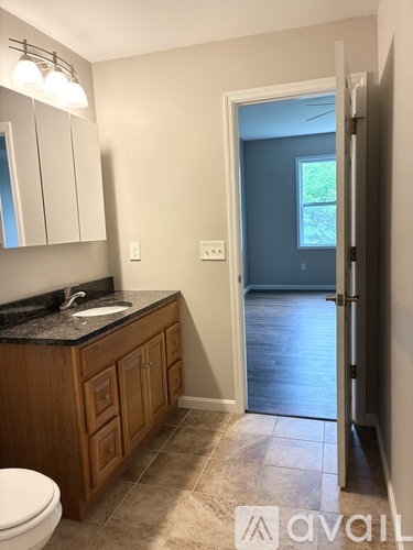 A bathroom with a sink, toilet, and a mirror.