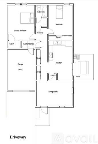 A floor plan of a house with a garage and a living room.