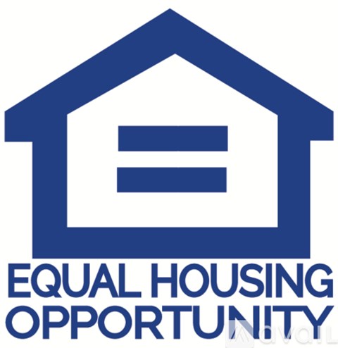 A blue and white logo for Equal Housing Opportunity.
